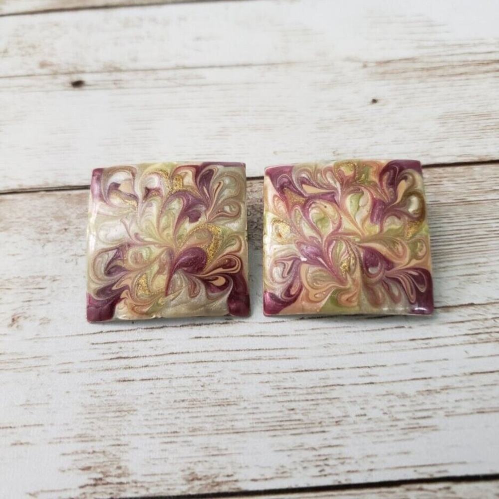 Vintage Clip On Earrings Square Large Olive Green & Plum Tones Statement